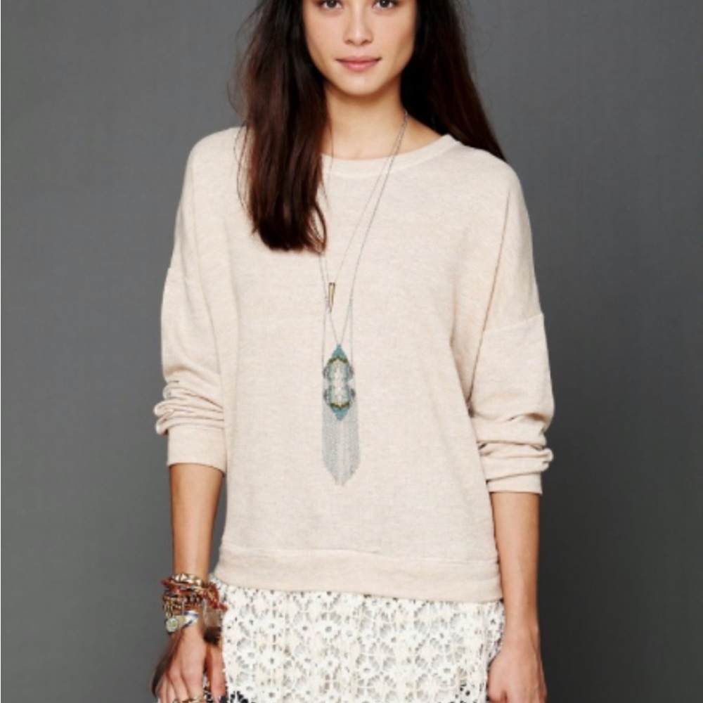 Free People Beach "Shake It" Lace Trim Boho Oversized Sweater SZ XS/S